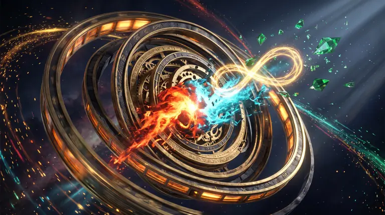 Eight nested brass and obsidian tesseract rings rotating around a colliding core of crimson matter and cyan antimatter in deep space.
