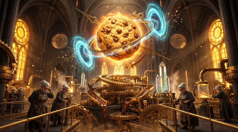 A giant levitating golden cookie surrounded by orbiting brass pointers, dimensional portals, chocolate rivers, and clockwork bakery machinery.