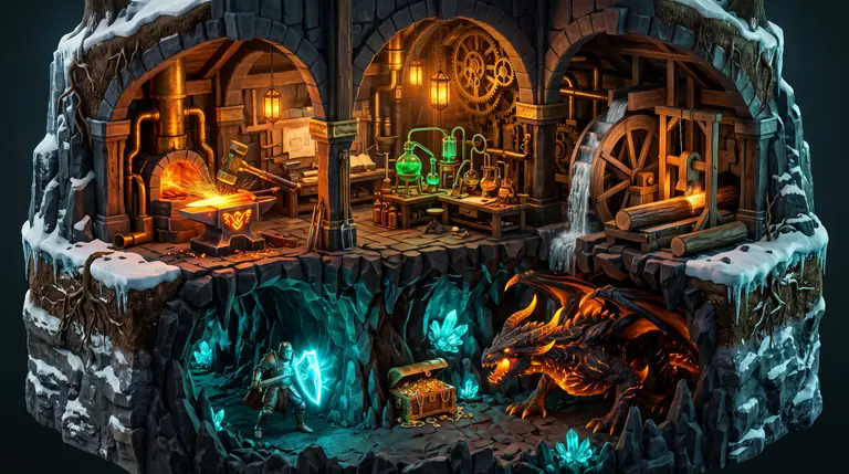 A split-level guildhall with glowing smithing anvils, alchemy vats, and a waterwheel above an underground cavern where an armored knight battles a dragon.