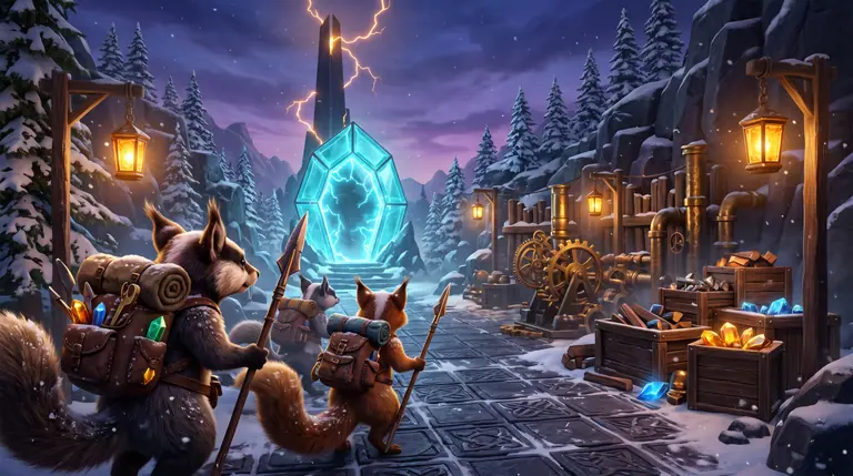 A pack of nimble tufted-eared creatures marching from a fortified timber camp across a gridded valley toward a glowing cyan portal and dark spire.