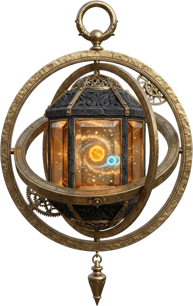 An ornate gyroscopic brass and amber-glass lantern holding an orbiting golden sun and cyan moon.