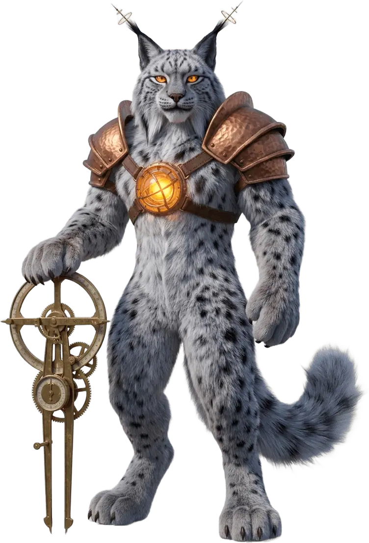 Full-figure portrait of Lynxor Vael, the Astral Wick-Sovereign, with his glowing copper and amber chest-lantern.