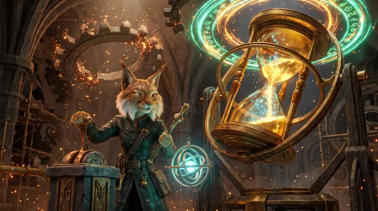 Lanterra Korr inverting a giant brass and amber hourglass in a vaulted chamber as glowing multiplier rings ignite overhead.